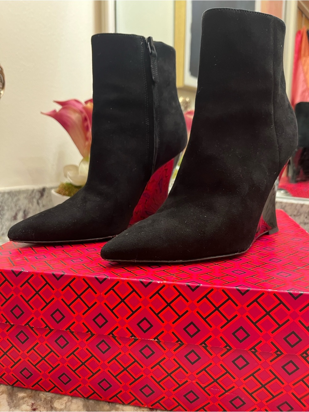 Tory Burch Black Suede Pointed Toe Ankle Booties